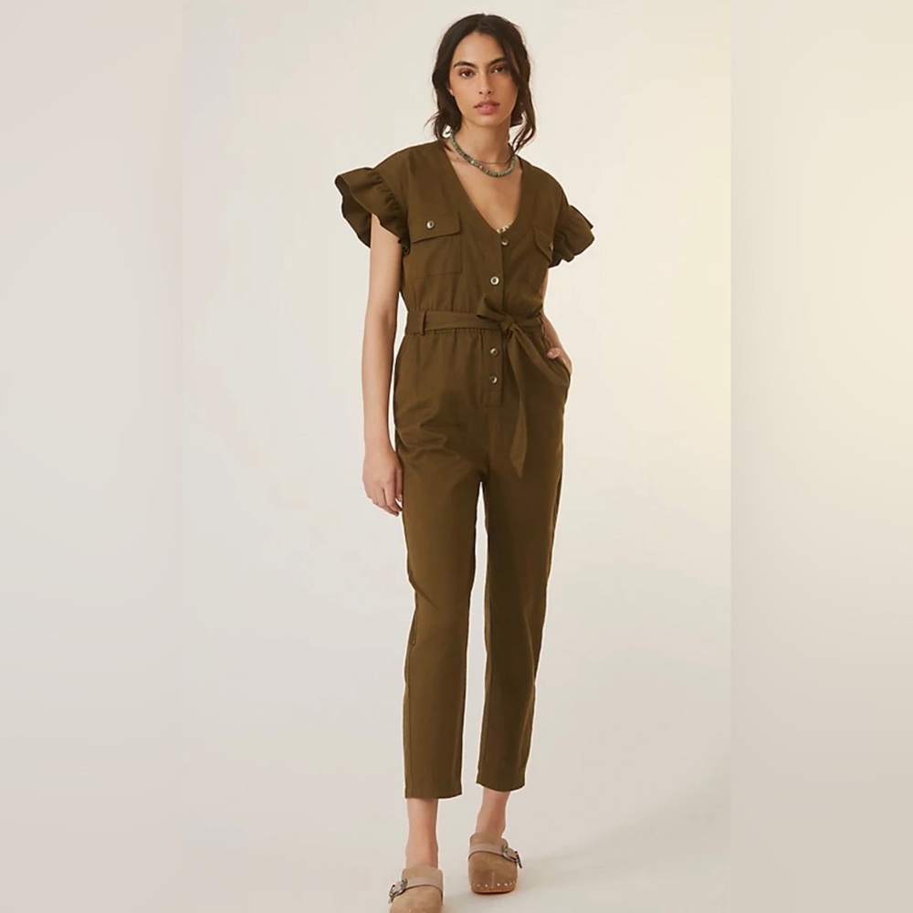 Anthropologie Olive Jumpsuit with Ruffle Sleeves